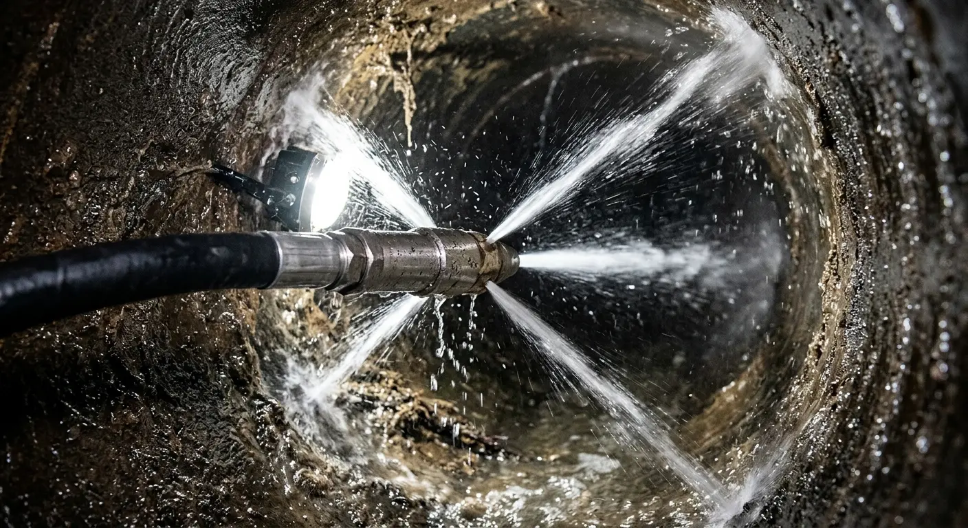 High-pressure hydro jetting nozzle cleaning sewer pipe for Sewer Cleanout in Eastvale