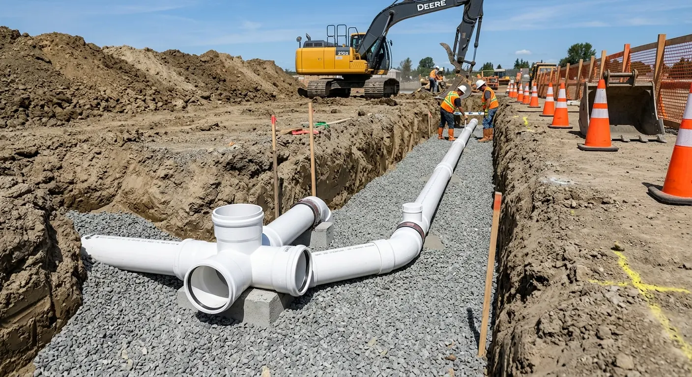 New PVC sewer pipe installation in open trench for Grease Trap Cleaning in Eastvale