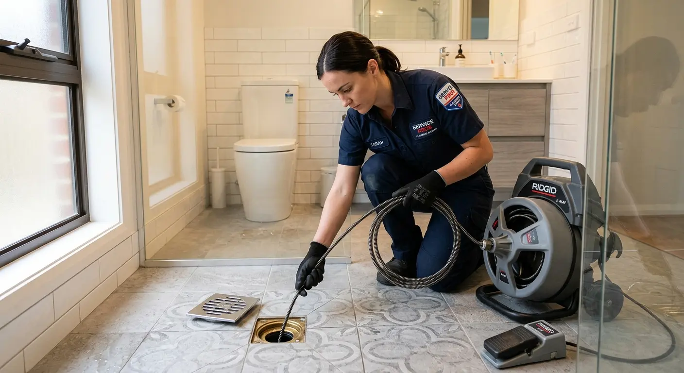 Technician clearing a bathroom floor drain for Sewer Line Installation in Eastvale